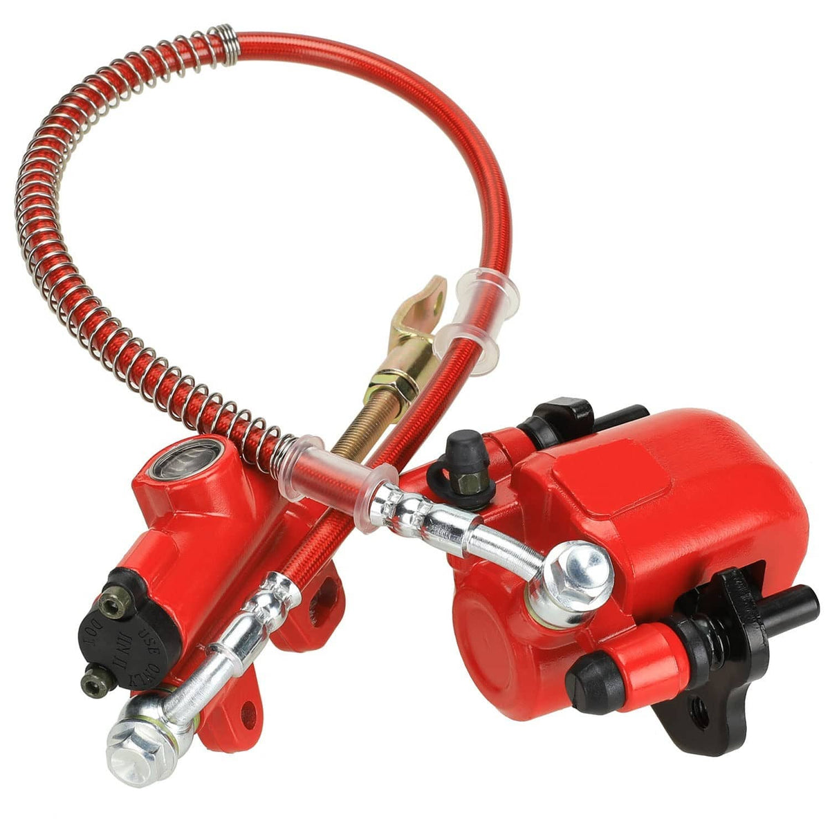Red rear brake master cylinder caliper assembly with coiled brake line and mounting bolts