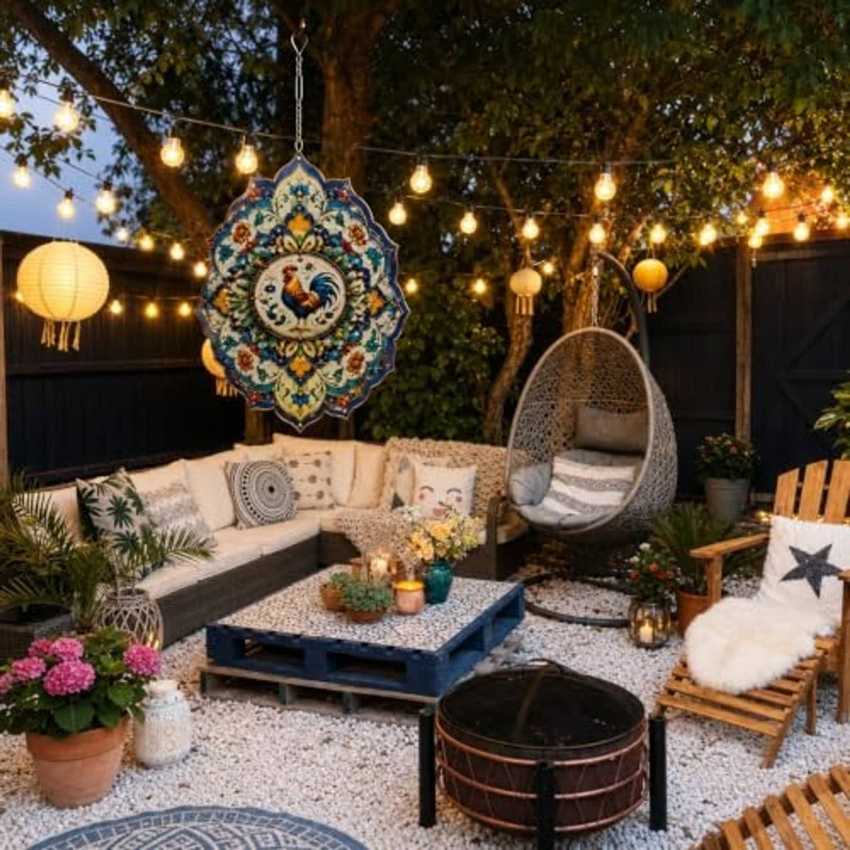 Outdoor hanging rooster mandala wind spinner with blue floral pattern and silver chain