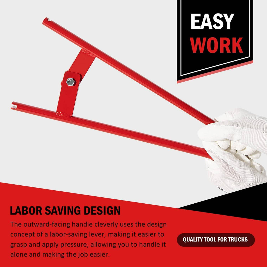 Red truck brake spring tool with long handles, cross bracket, and protective glove