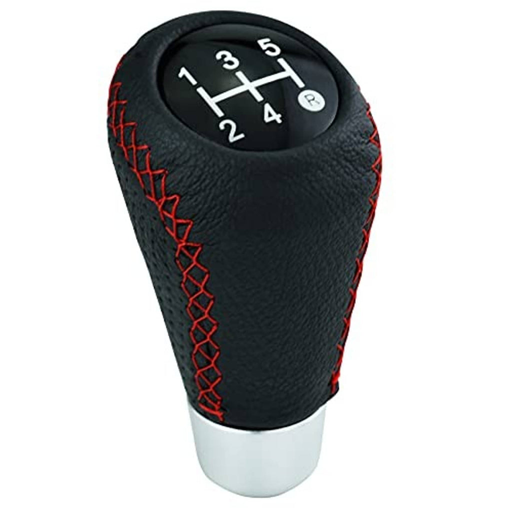 Black leather 5-speed gear shift knob with red stitching and round numbered shift dial