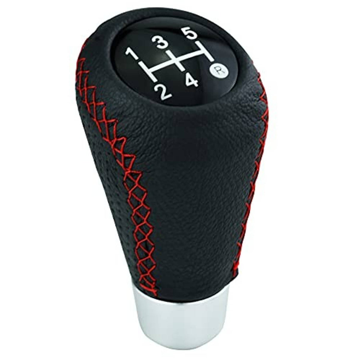 Black leather 5-speed gear shift knob with red stitching and round numbered shift dial