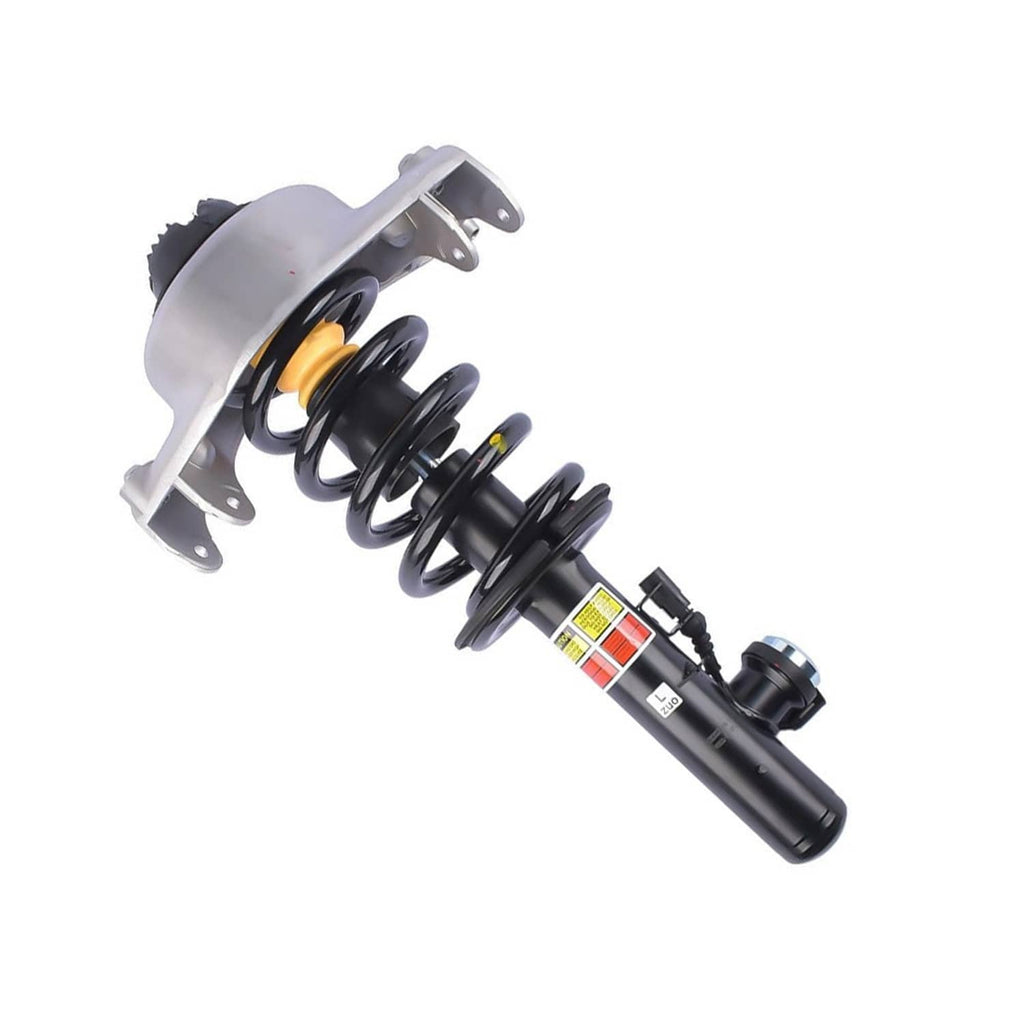 Front shock strut assembly, angled view, black coil spring with gray upper bracket