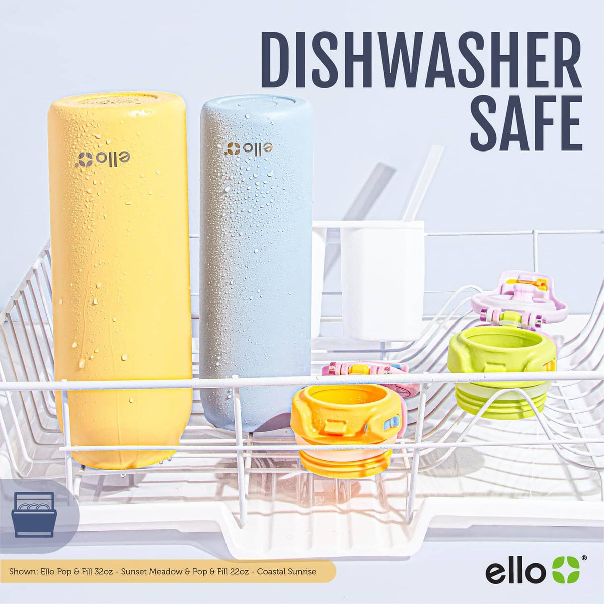 Set of stainless steel water bottles in dishwasher rack: yellow and light blue