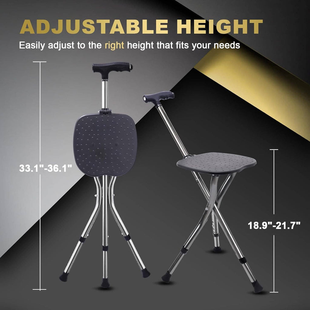 Adjustable folding walking cane with seat, black cushion pad and telescoping legs