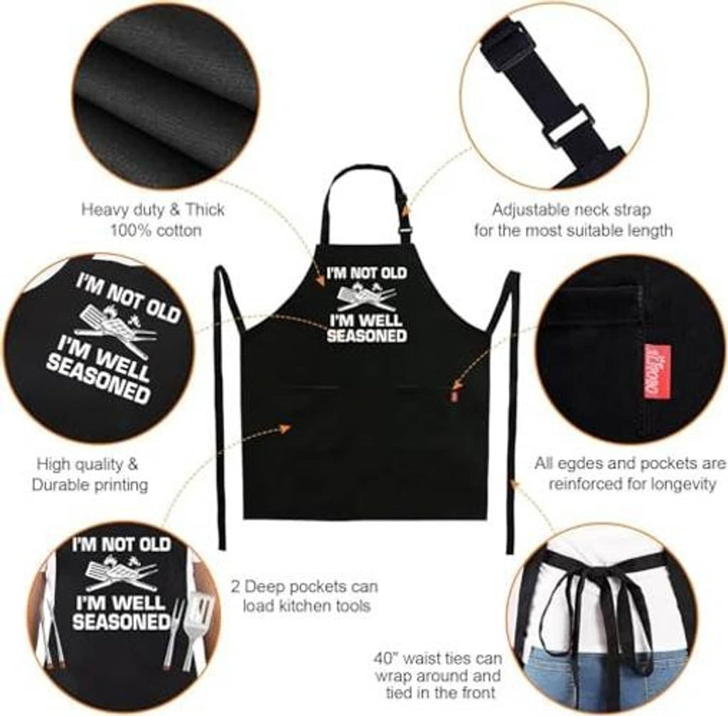Black grilling apron with adjustable neck strap, 2 deep pockets, durable printed design