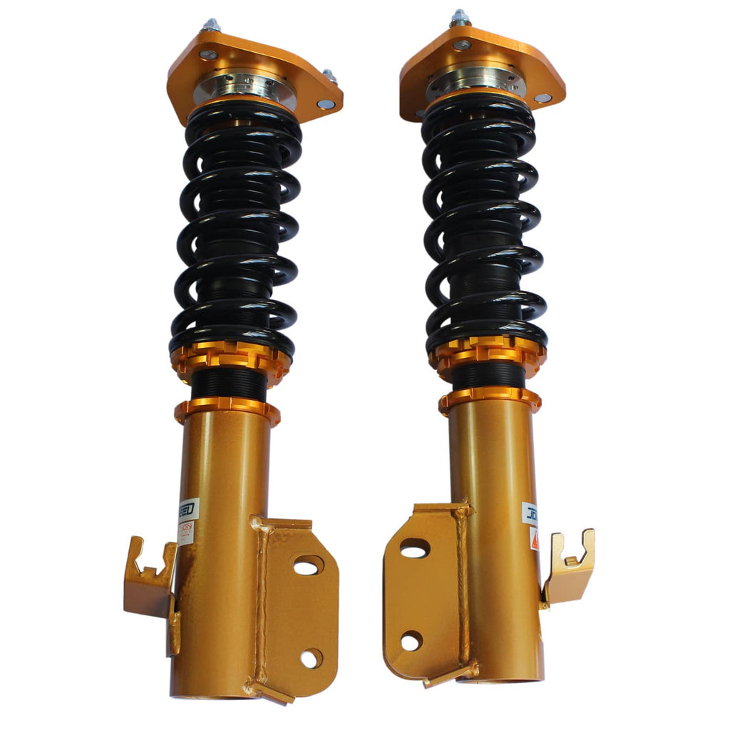 Pair of gold coilover struts with black coil springs and side mounting hardware