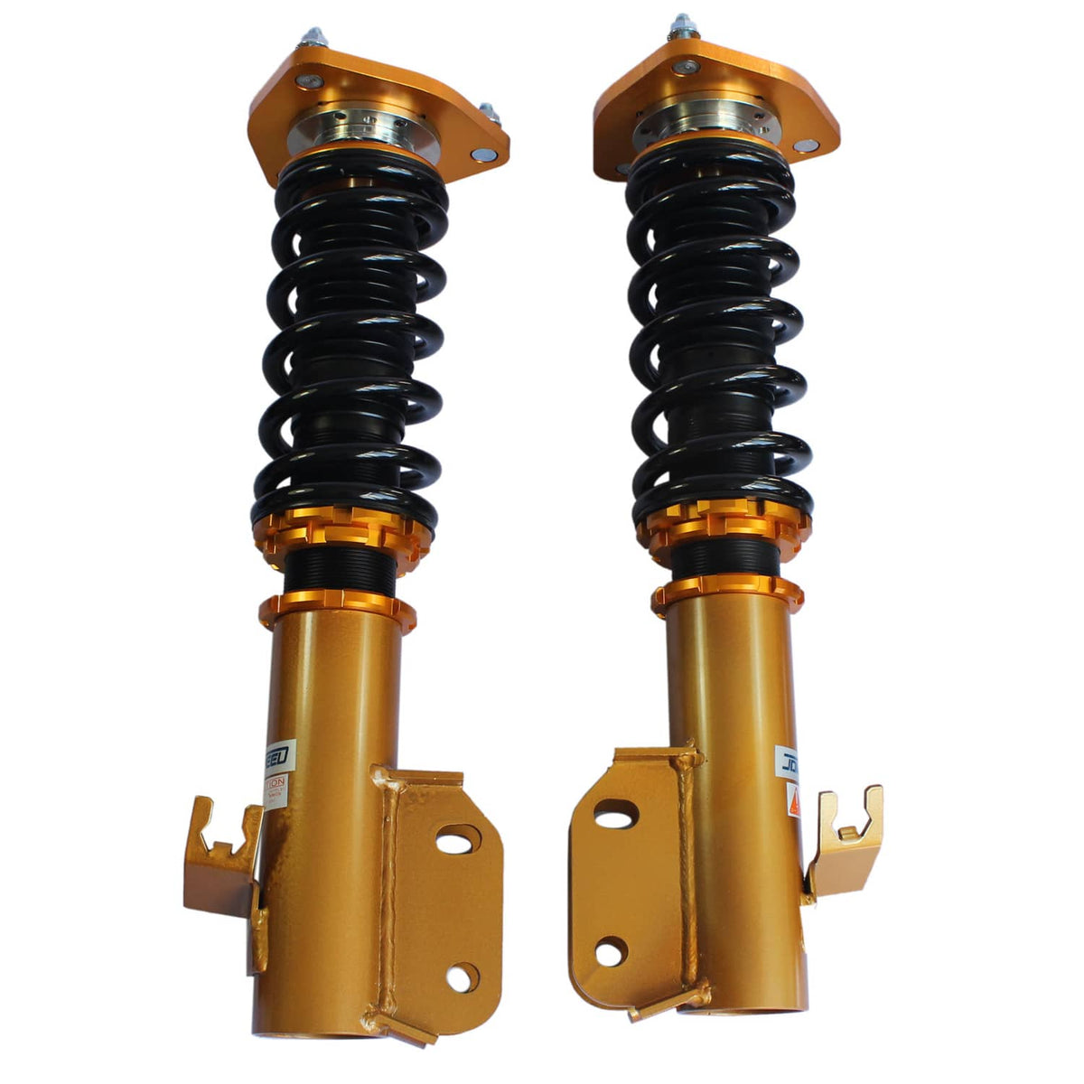 Pair of gold coilover struts with black coil springs and side mounting hardware
