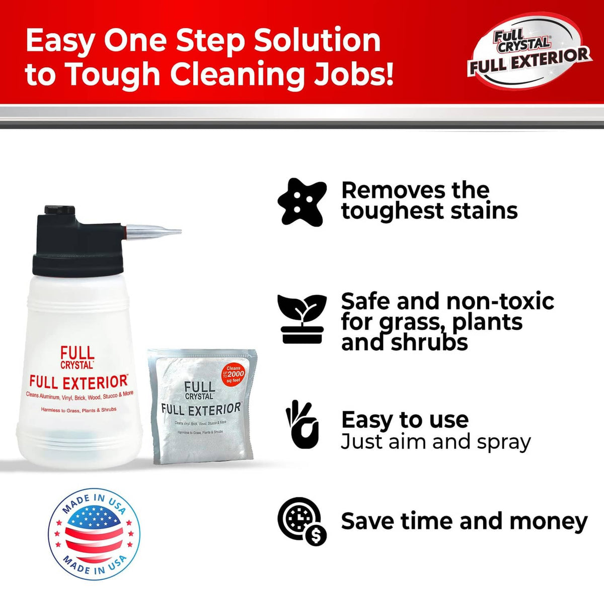 White spray bottle and silver pouch, exterior cleaning concentrate for tough jobs