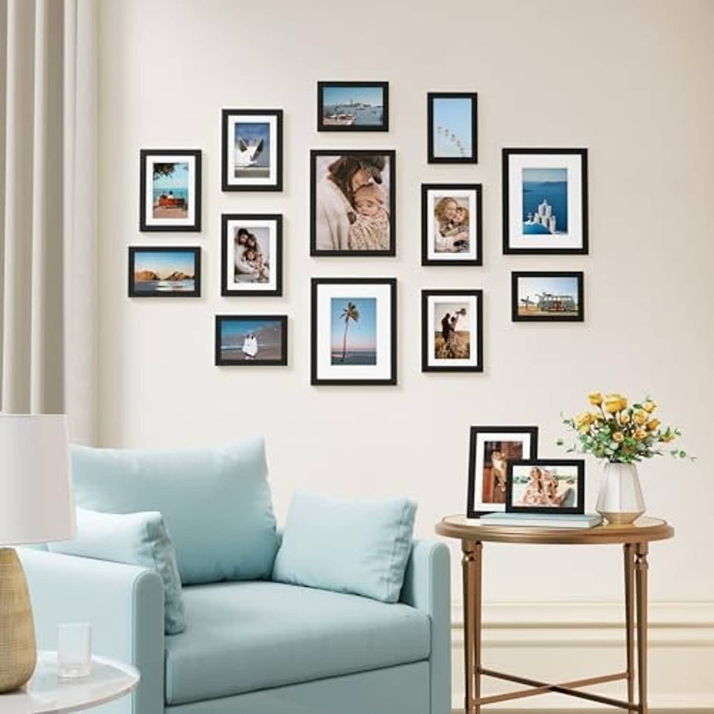 Black picture frame collage set with tabletop display using multiple frames