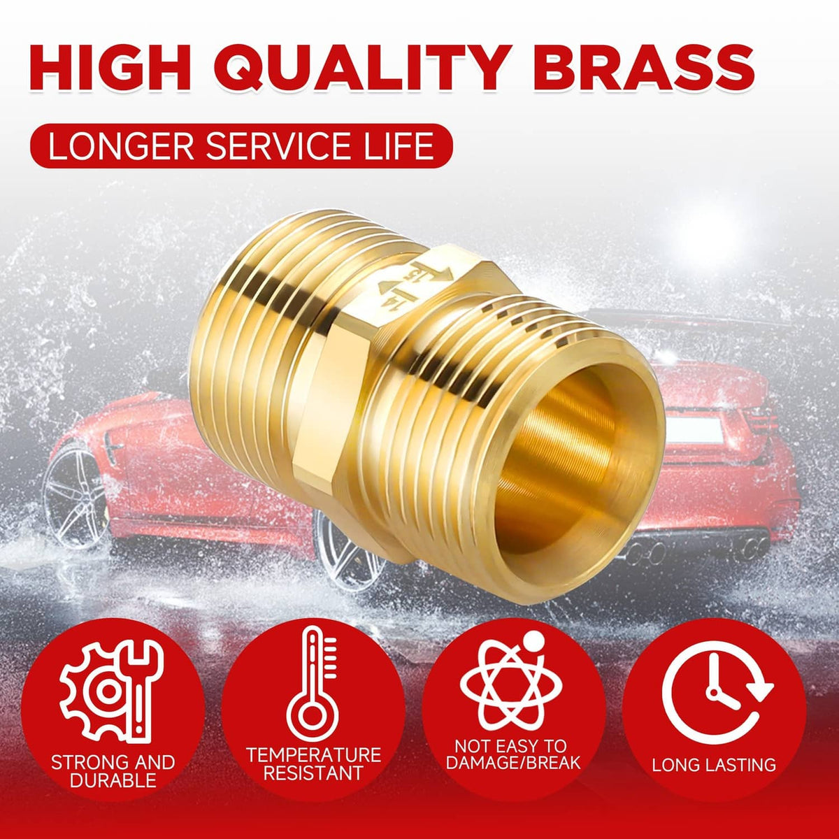 Brass-colored ribbed male thread connector with smooth bore and 15mm/14mm ends