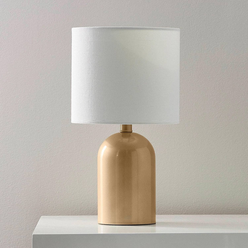Champagne metallic table lamp base with white fabric shade