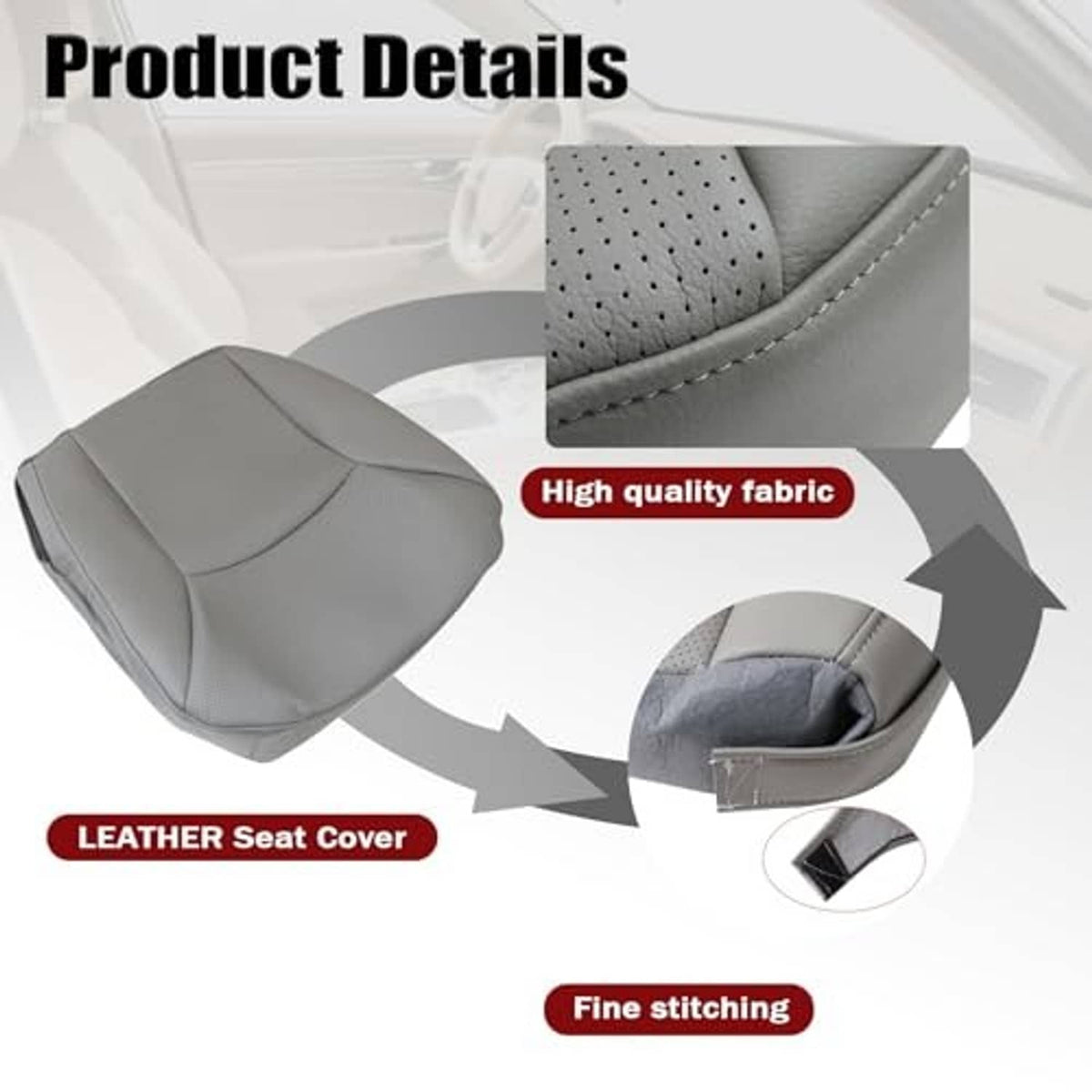 Gray leather-style seat cover detail with perforated-looking center texture and stitching.