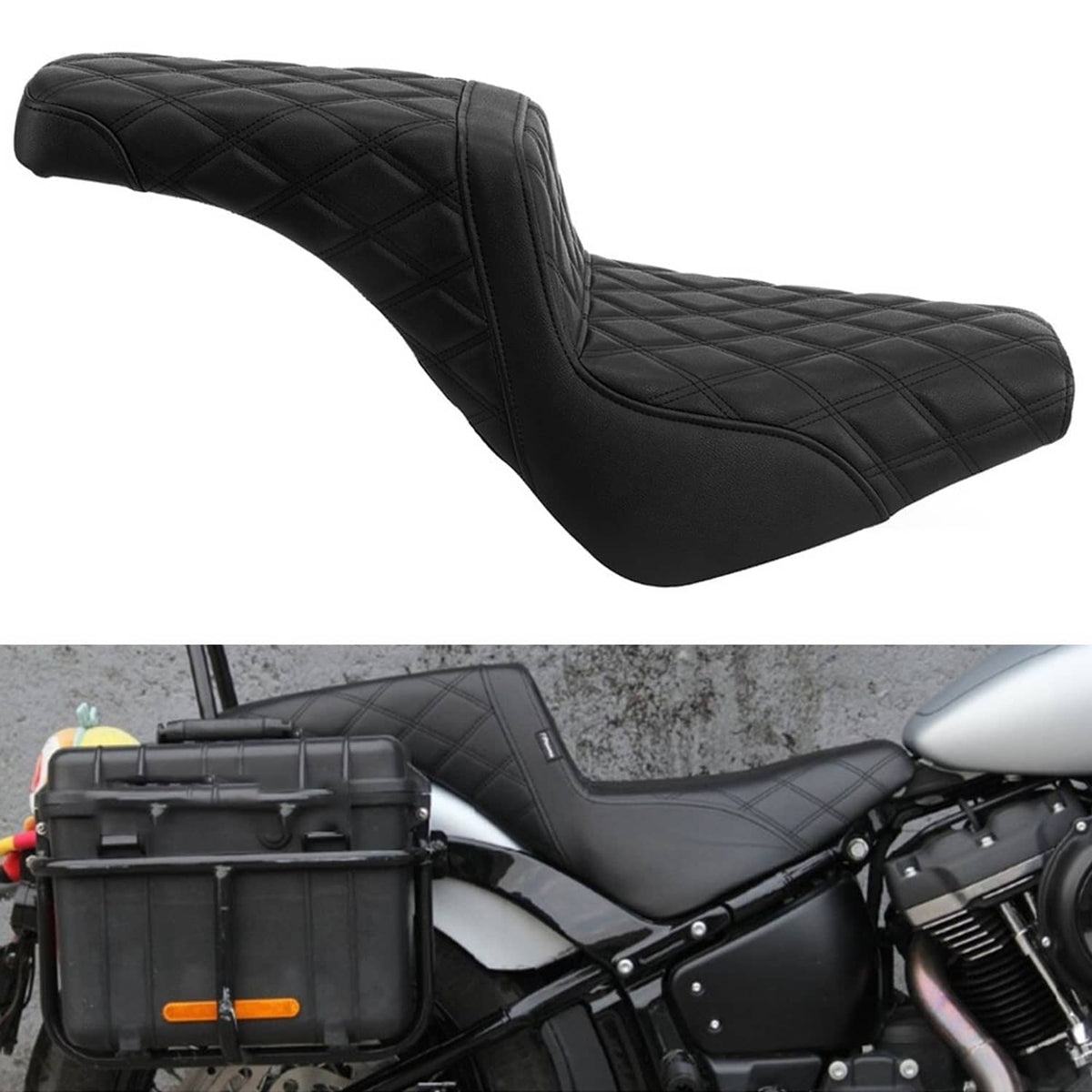 Black motorcycle passenger seat pad with diamond quilt stitching and curved sides