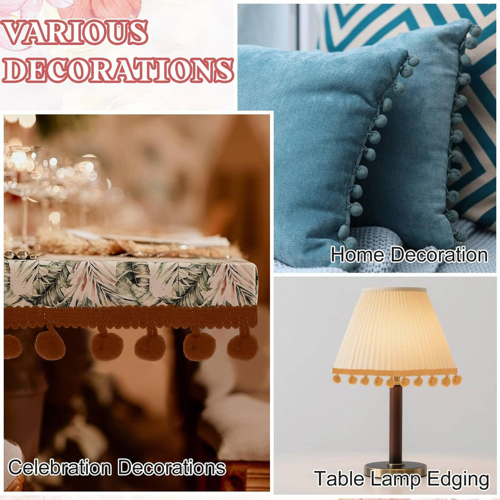 Pom ball fringe trim roll, beige embroidered edging for pillows and lamps