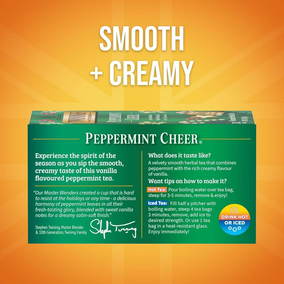 Twinings Peppermint Cheer herbal tea box back panel with brewing instructions