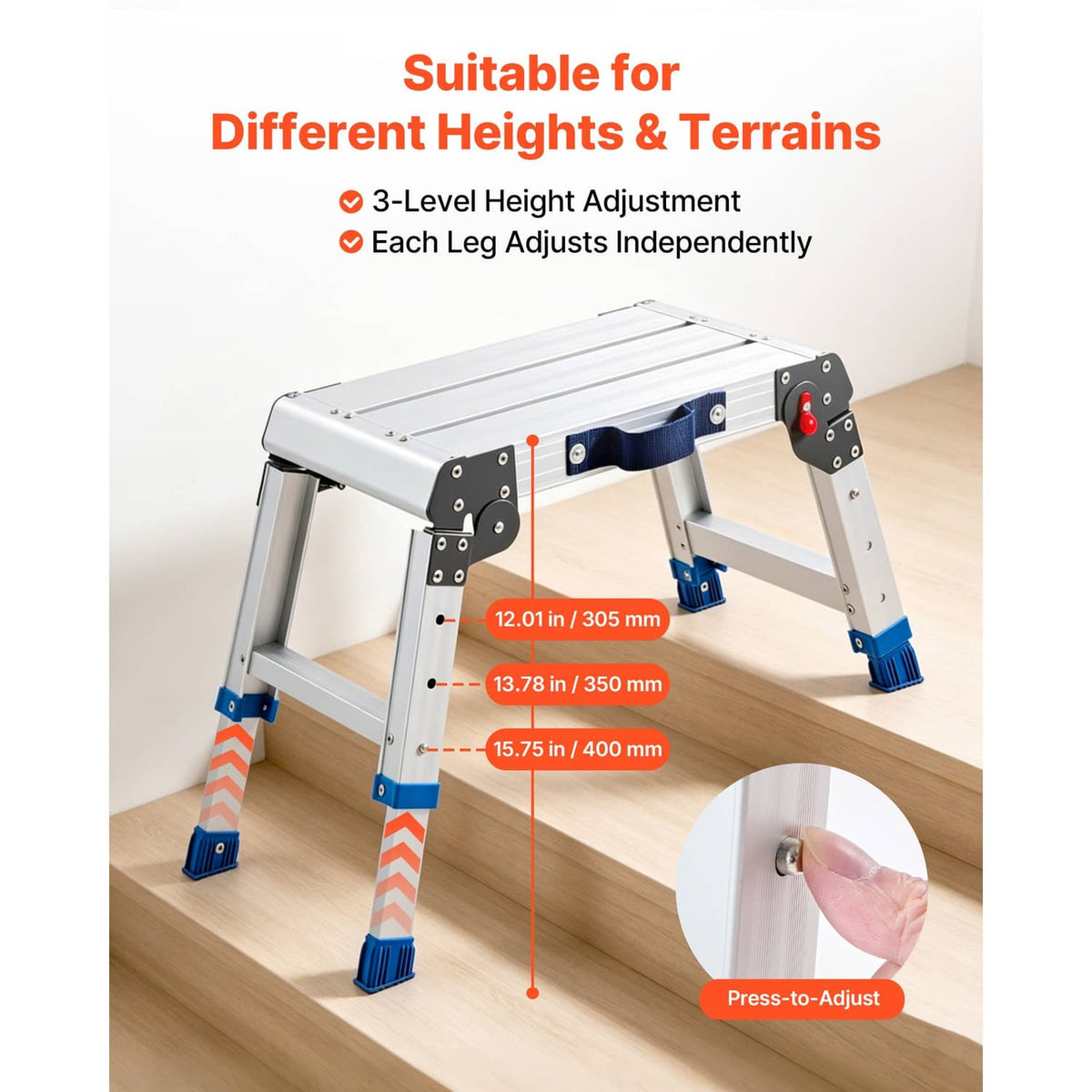 Adjustable height folding platform with extended legs and blue grip foot pads