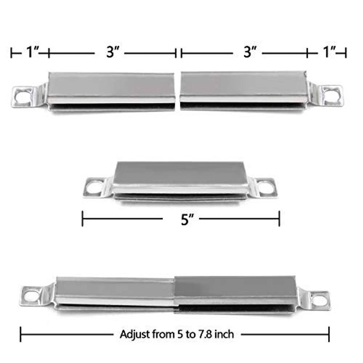 Stainless burner heat shield assemblies with side mounting brackets, adjustable fit