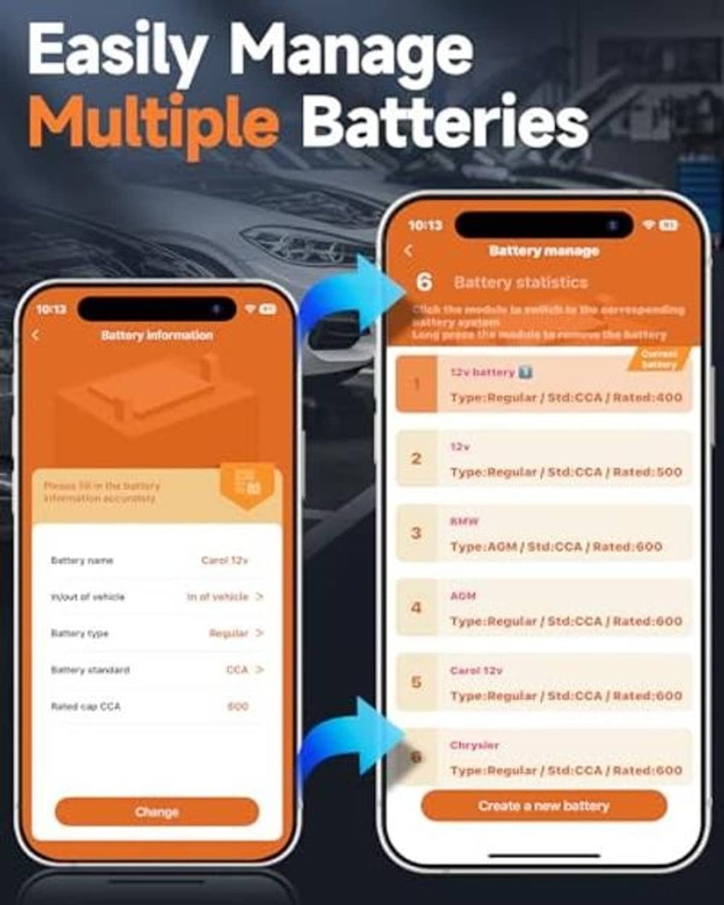 Battery tester showing multiple battery management on two smartphone screens