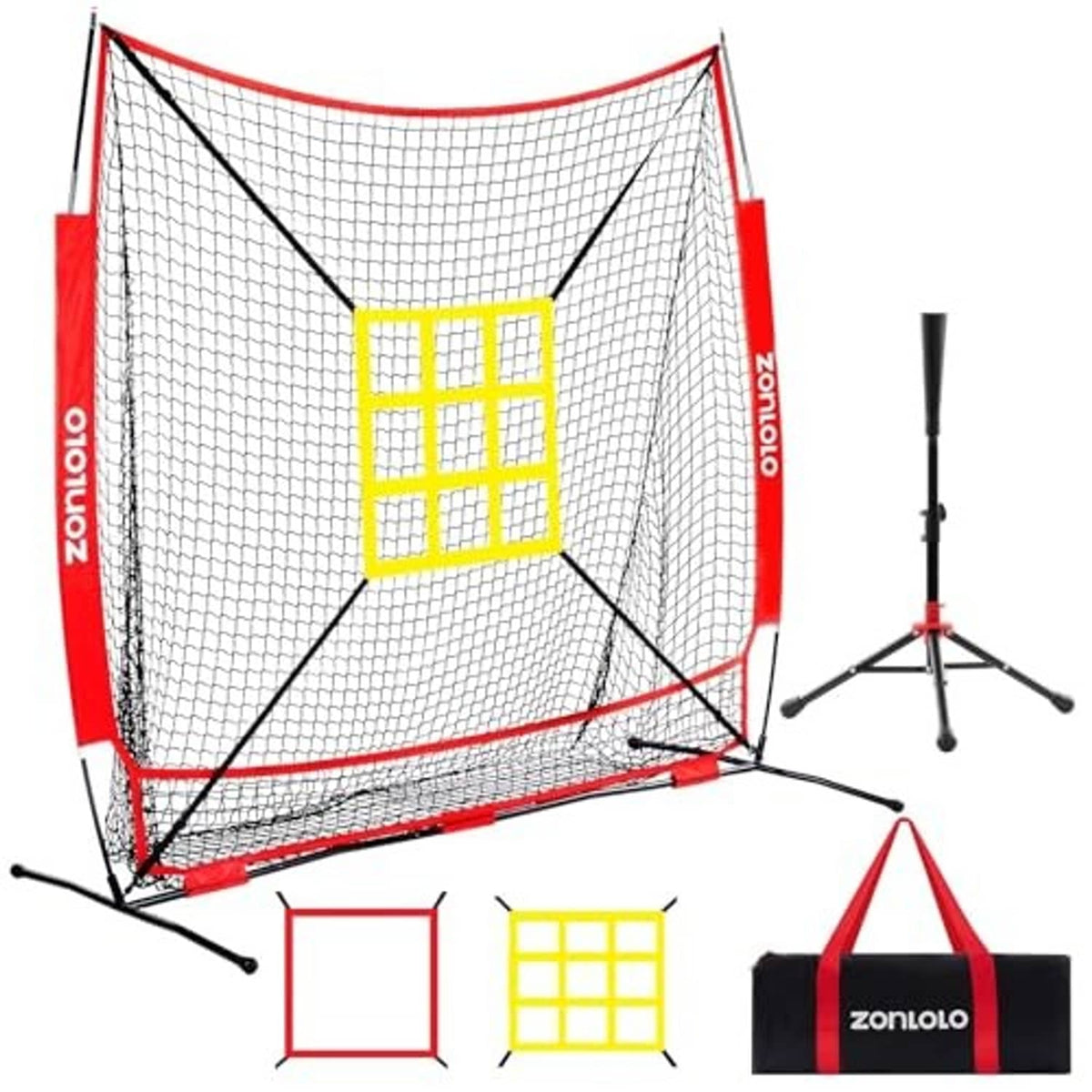 Baseball training net with red side panels and yellow square strike target grid