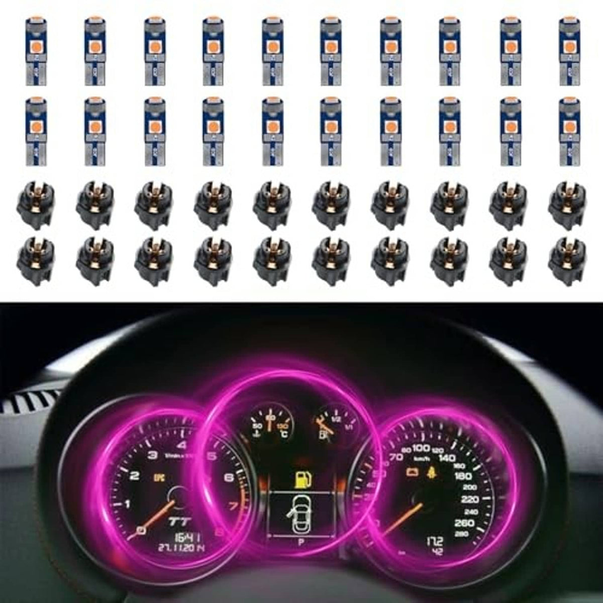 Multiple T5 LED dashboard bulbs with black bases and pink/purple lit gauges