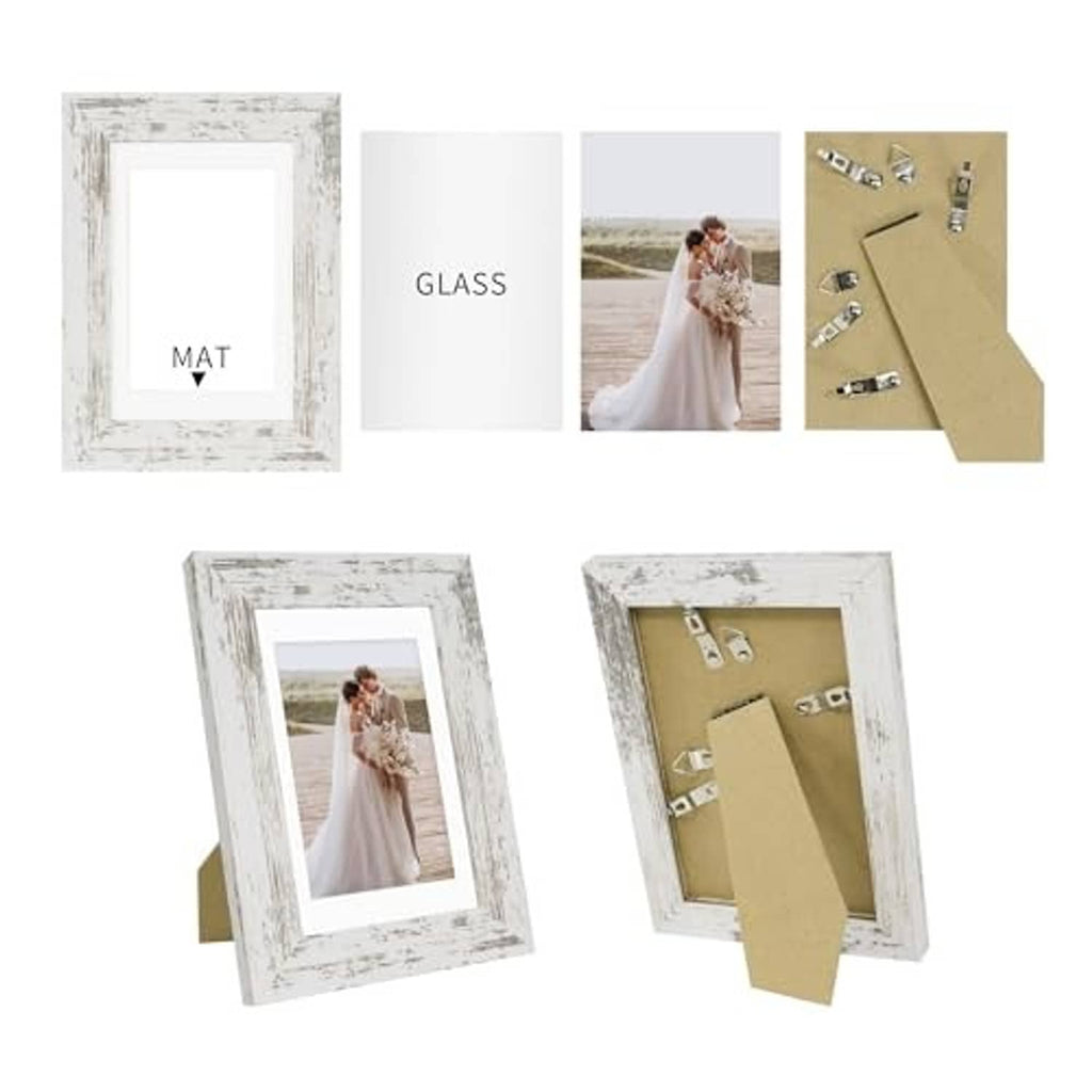 Distressed white 5x7 frame set with white mat and cork backing, front and back views