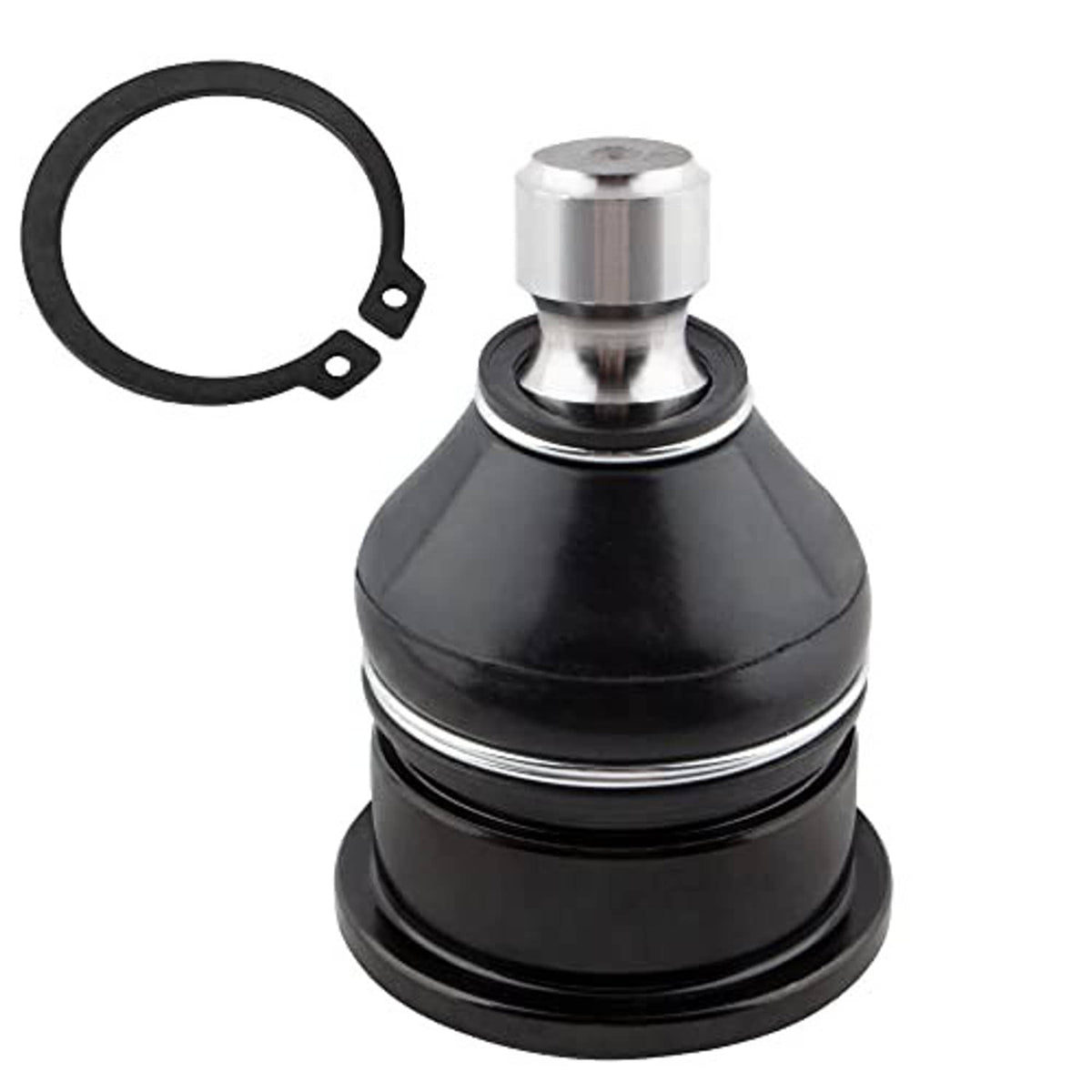 Front upper ball joint assembly with black rubber boot, silver stud, and circular seal