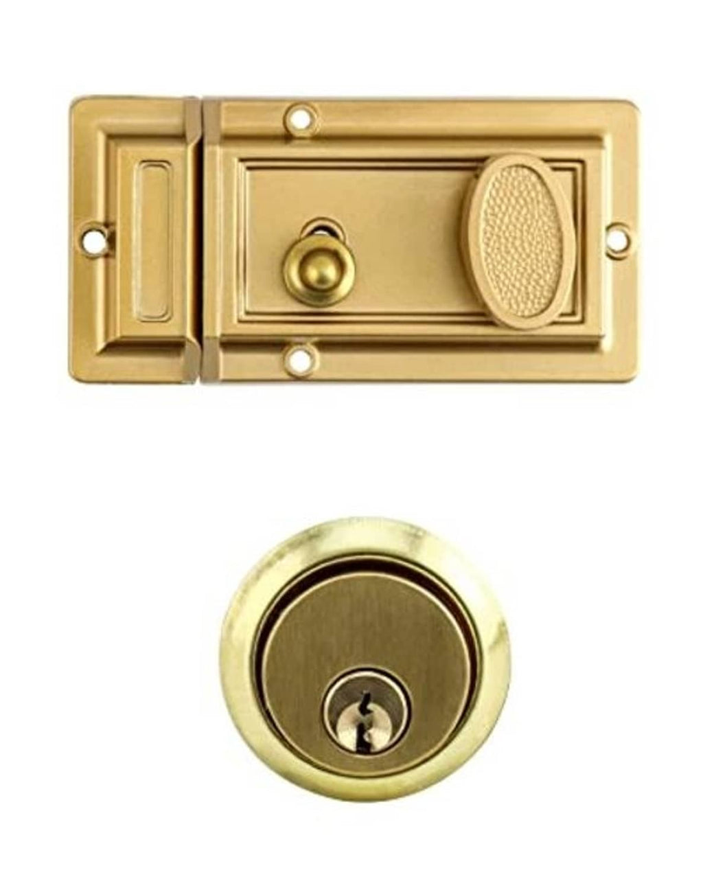 Gold antique rim deadbolt lock exterior plate and round key cylinder