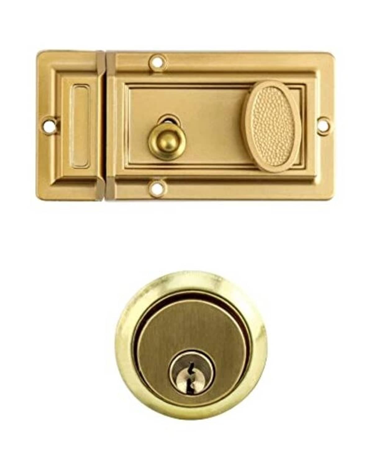 Gold antique rim deadbolt lock exterior plate and round key cylinder