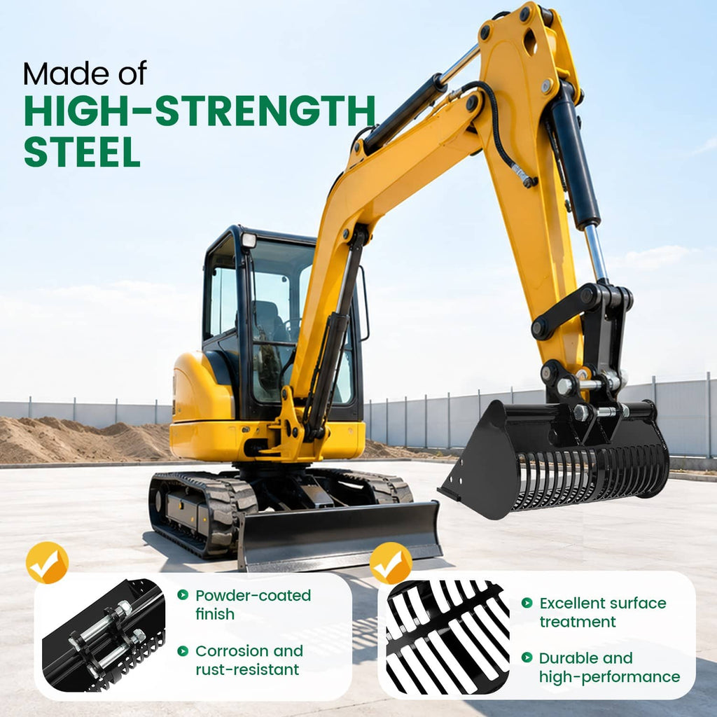 Screening skeleton mud bucket attachment on a yellow mini excavator boom