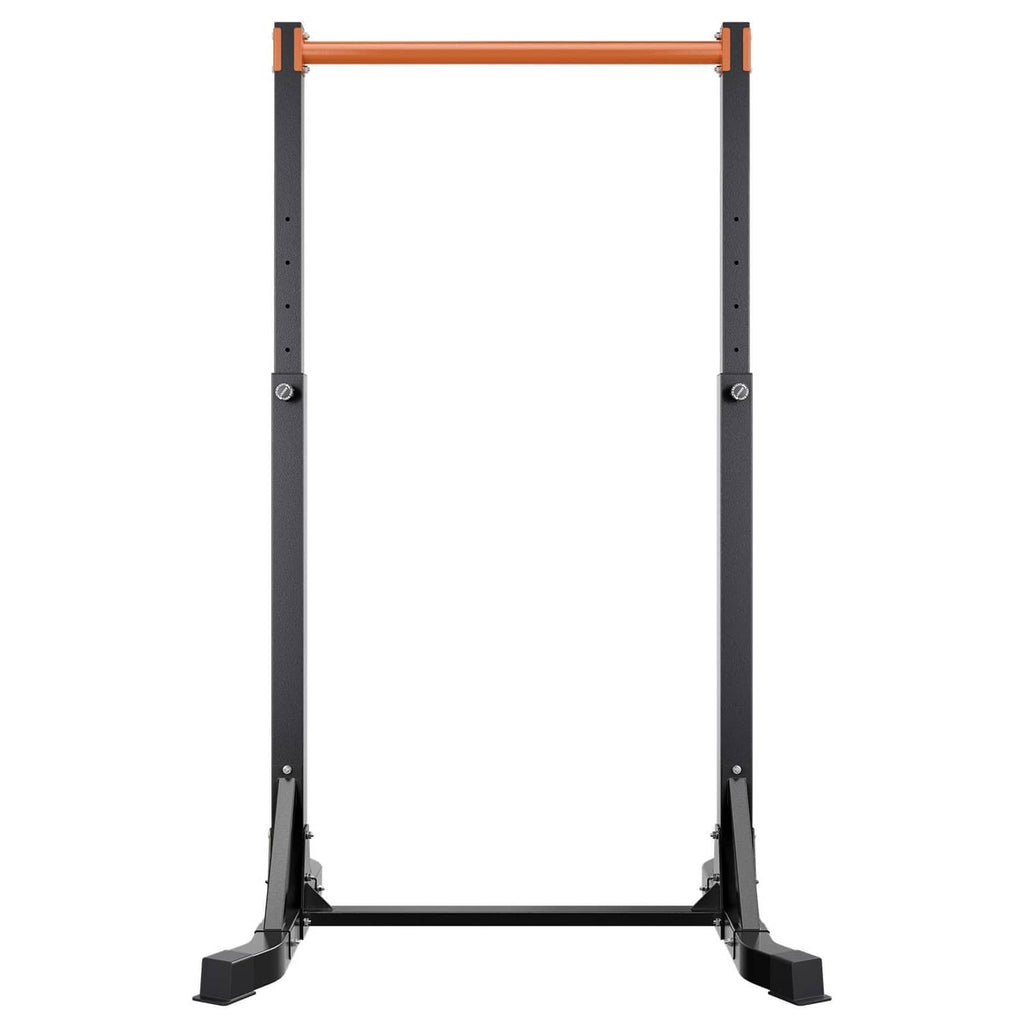 Freestanding pull up bar stand with orange top bar, black steel legs and wide base