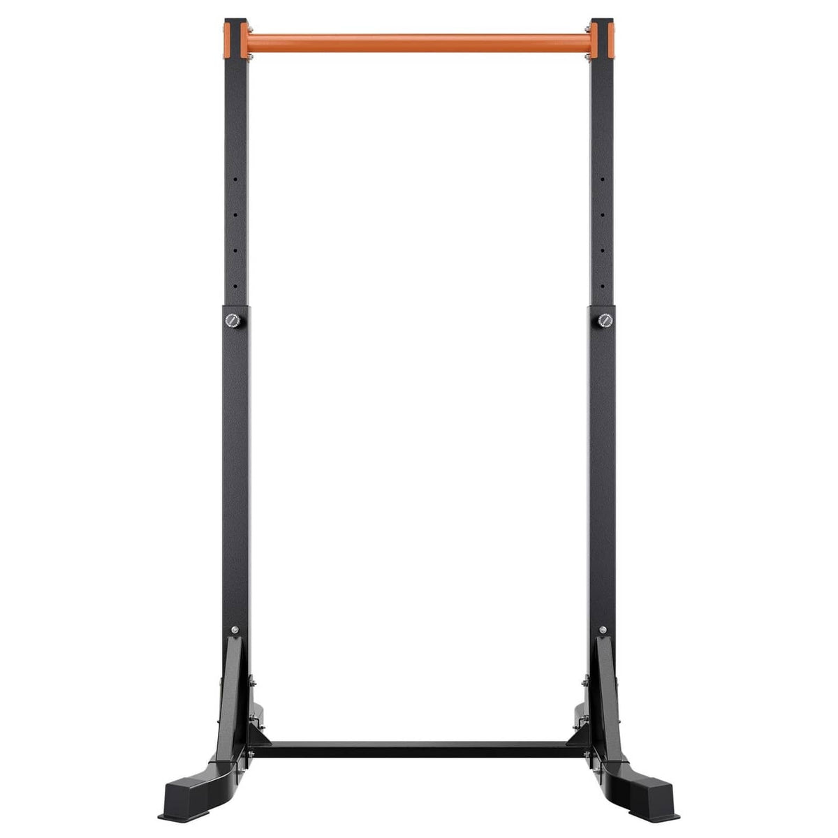 Freestanding pull up bar stand with orange top bar, black steel legs and wide base