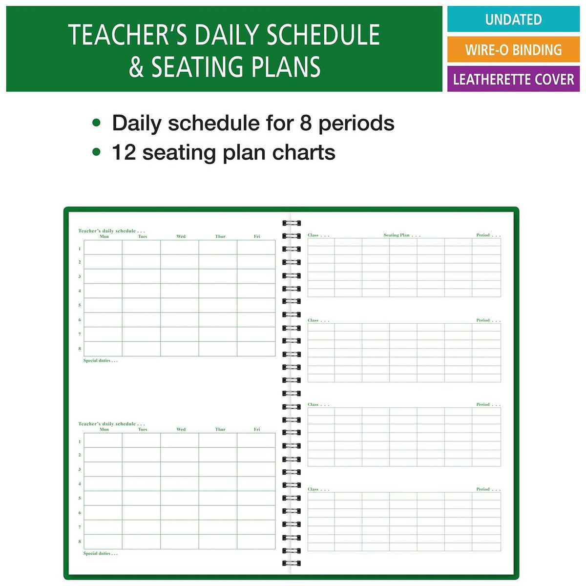 Open daily schedule and seating plans sheets with lined charts and wire-bound spine