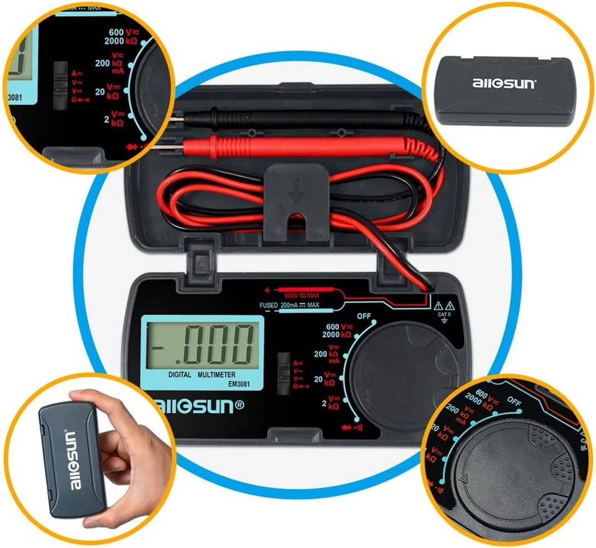 Handheld digital multimeter kit with blue LCD, red/black leads, and round range dial