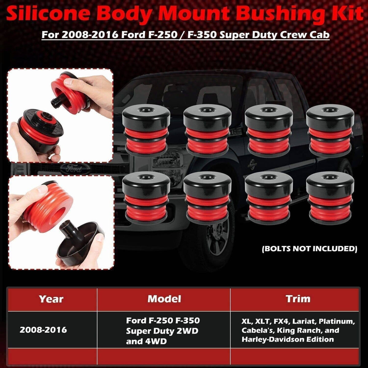 Silicone body mount bushing kit with red silicone bushings and black steel cups