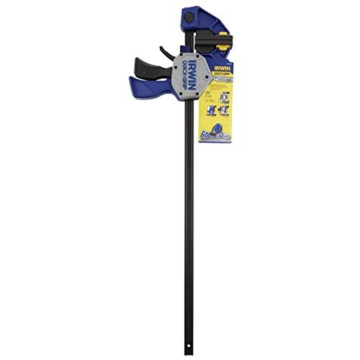 Irwin one-handed bar clamp with blue handle grips and black bar, includes hanging tag.