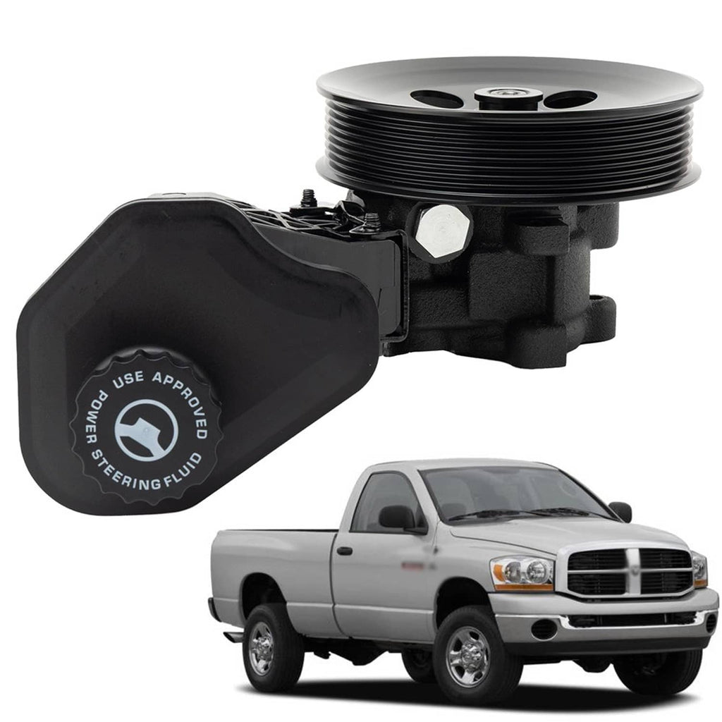 Power steering pump with reservoir and round fluid cap, black housing and hose outlet