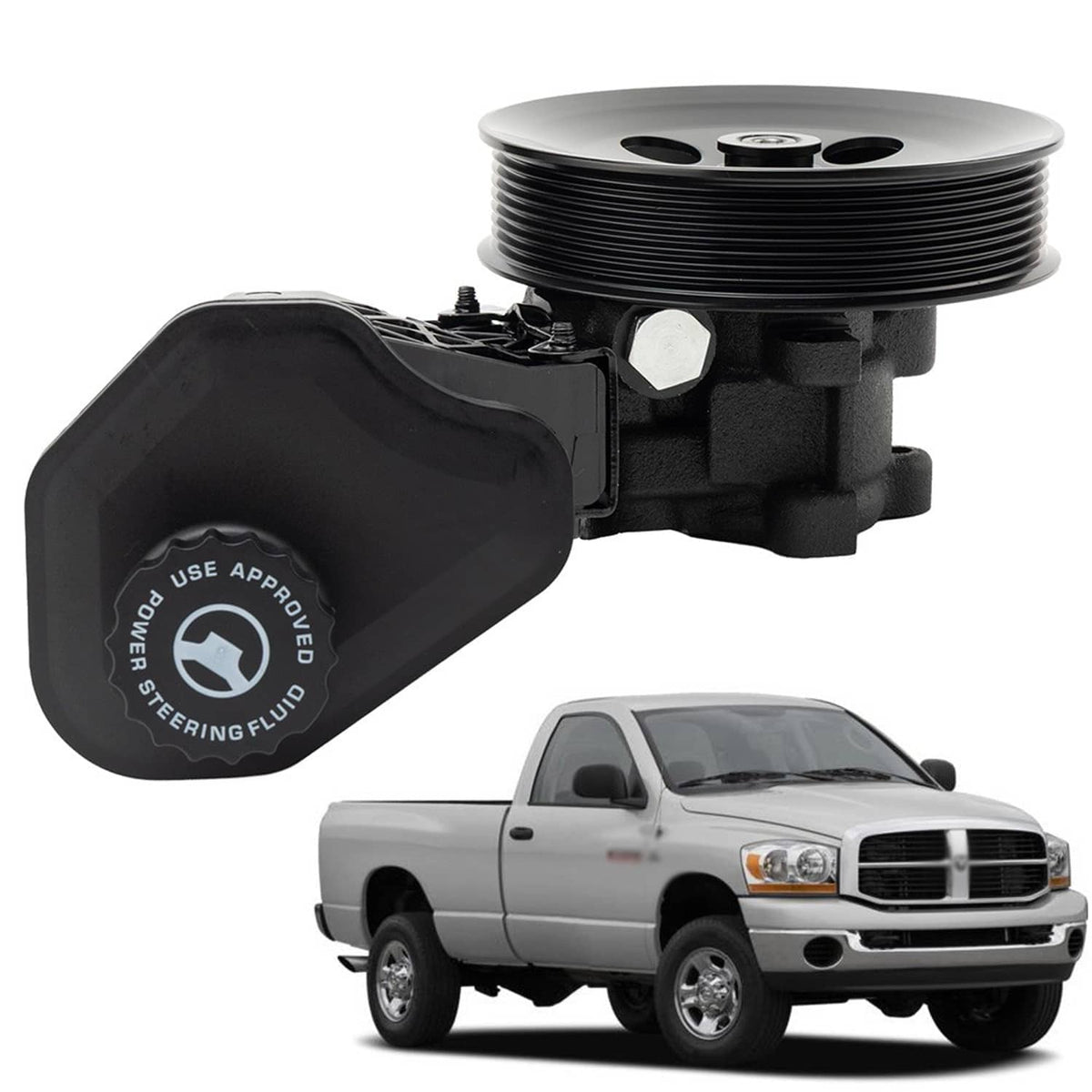 Power steering pump with reservoir and round fluid cap, black housing and hose outlet