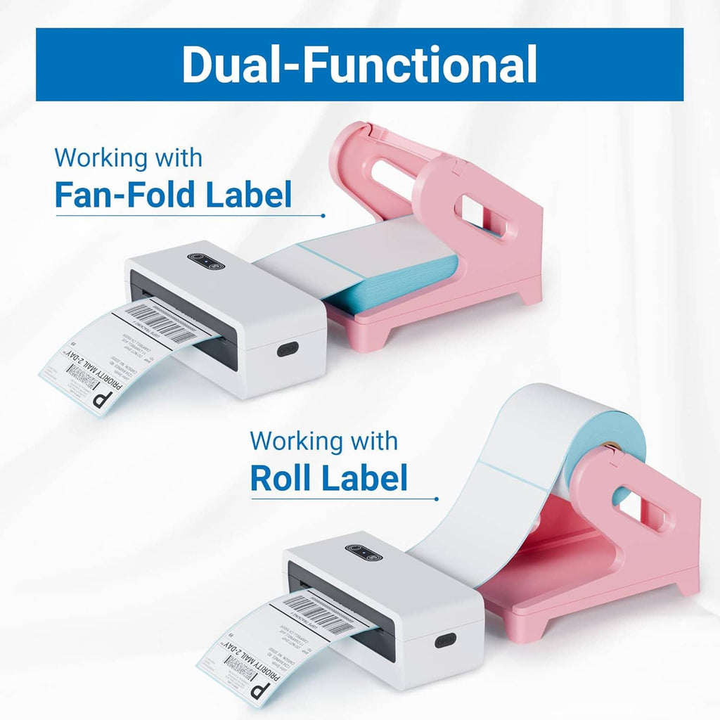 Pink label holder with white thermal printer showing fan-fold and roll label use