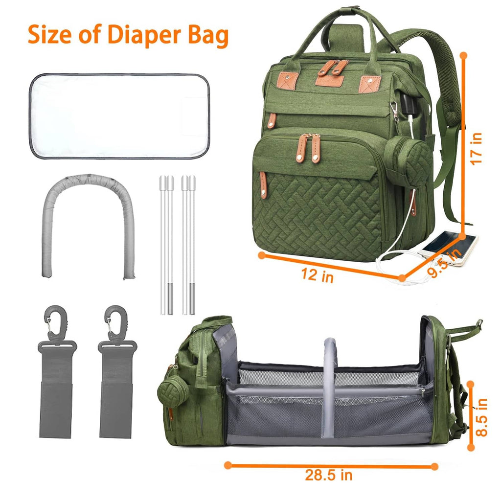 Green diaper bag with changing mat, front organizer pockets, and side handles
