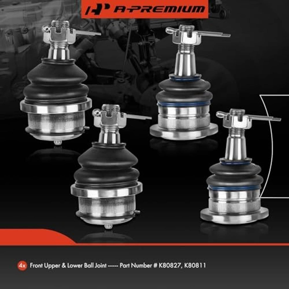 Set of four ball joints kit with chrome housings and black rubber boots