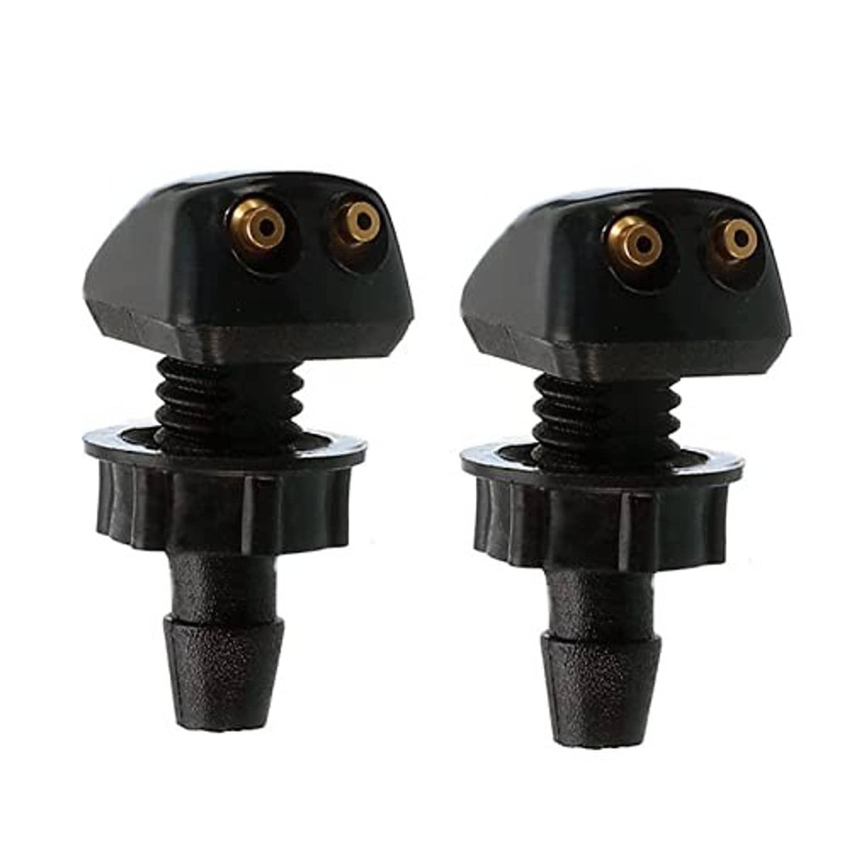 Pair of universal windshield washer nozzles, black plastic bodies with brass ports