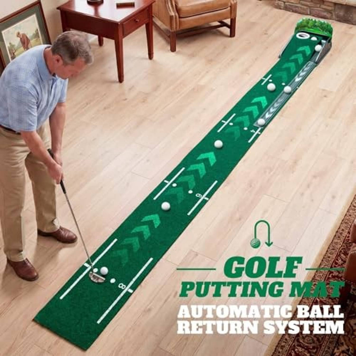 Indoor putting green mat on hardwood floor with dual holes and putting line