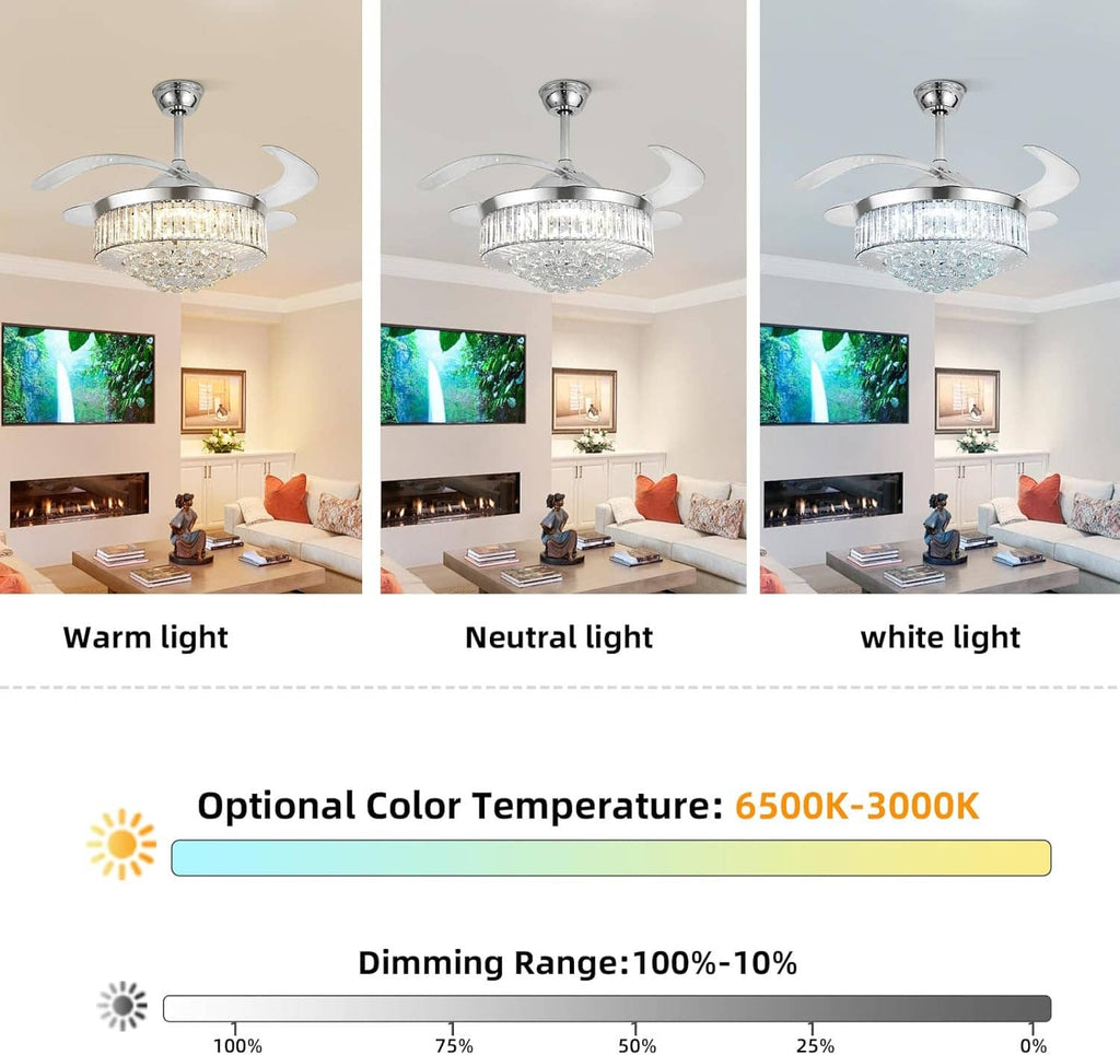 Chrome ceiling fan with crystal light showing warm, neutral, and white lighting options