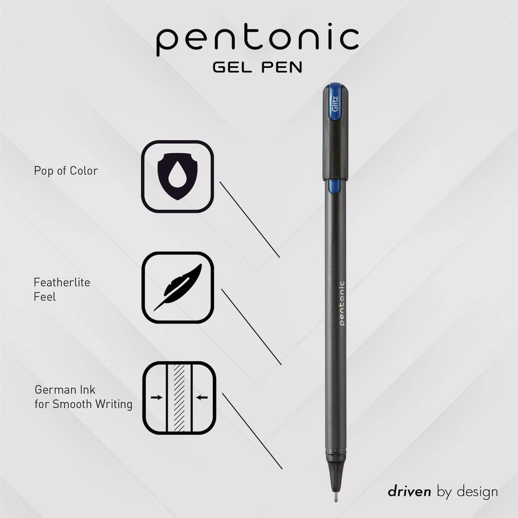 Pentonic glitter gel pen with dark barrel and blue glitter ink tip
