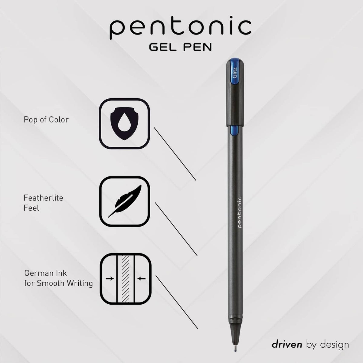 Pentonic glitter gel pen with dark barrel and blue glitter ink tip