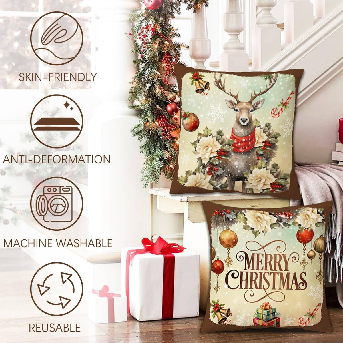 Set of 2 Christmas decorative throw pillows: deer scene and 'Merry Christmas' design