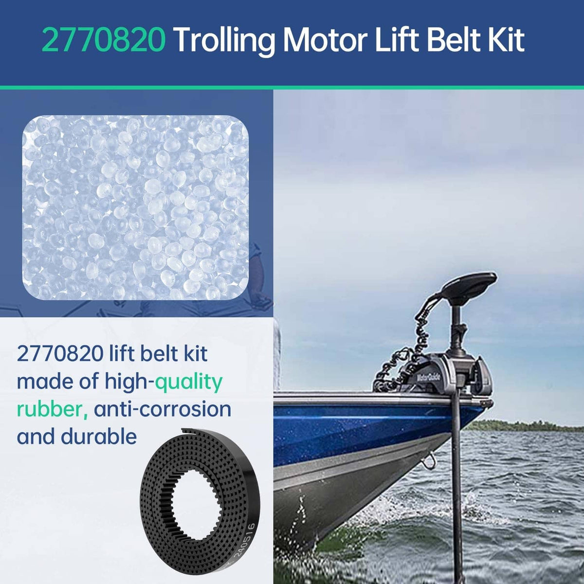 Black perforated trolling motor lift belt kit ring shown beside boat motor