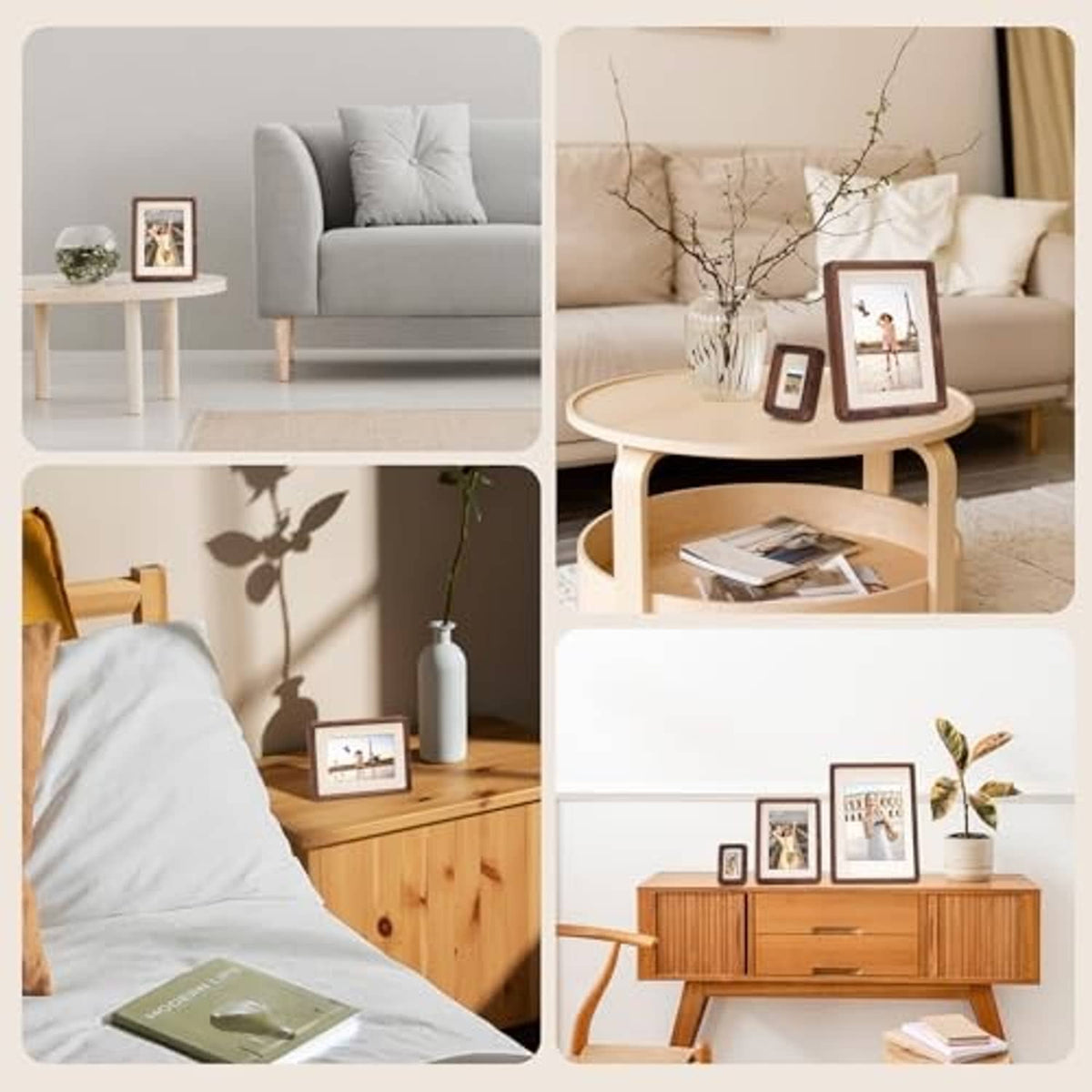 Walnut wood photo frame on a side table among home decor and small photos
