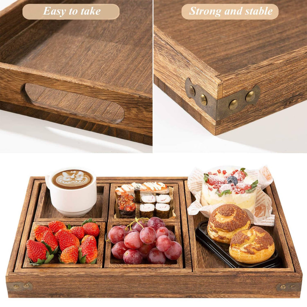 Rustic wooden serving tray with built-in handle cutout and sturdy corner hardware