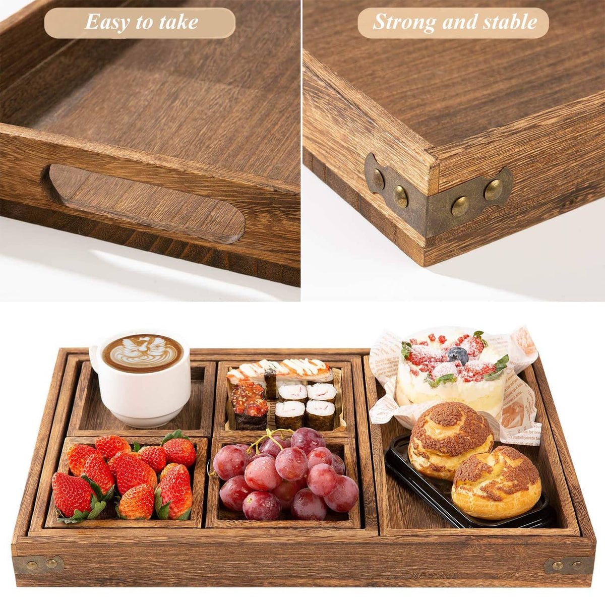 Rustic wooden serving tray with built-in handle cutout and sturdy corner hardware